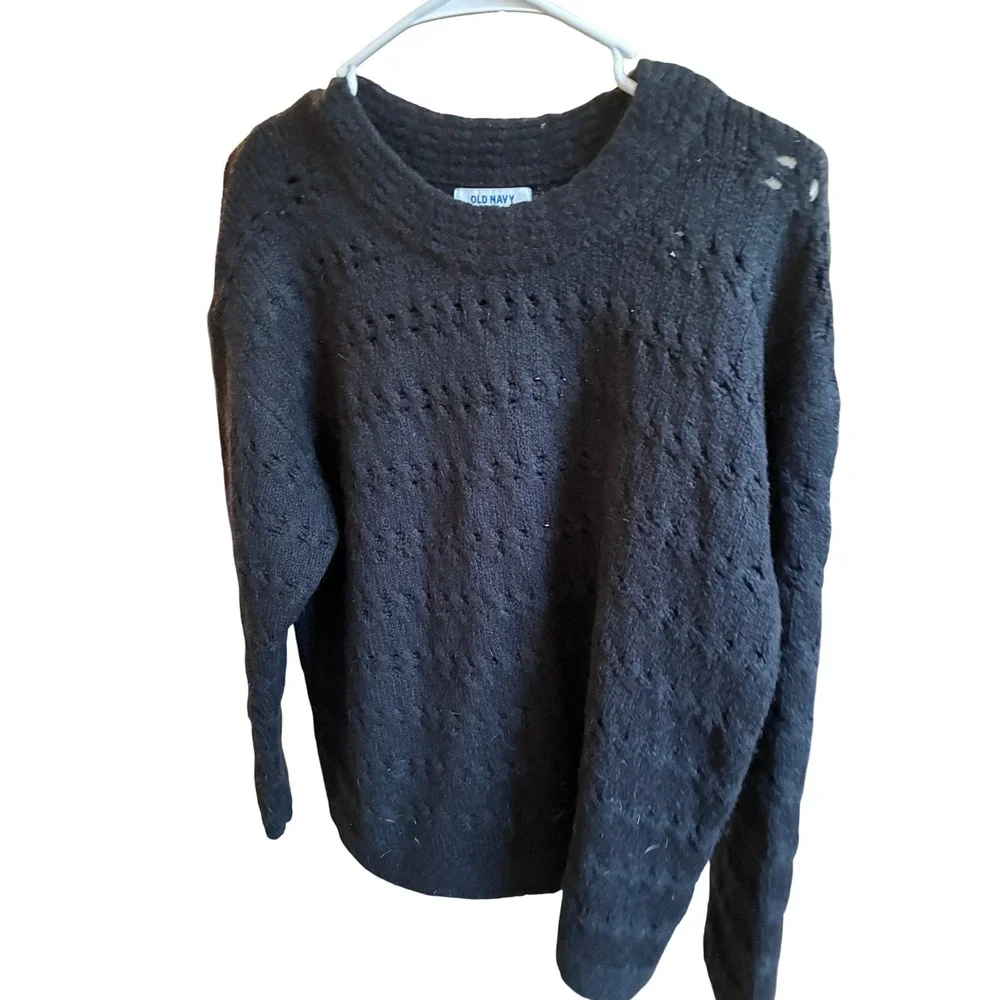 Old Navy Sweater Womens M Black Pointelle Knit Crew Neck Fuzzy Warm Winter Cozy